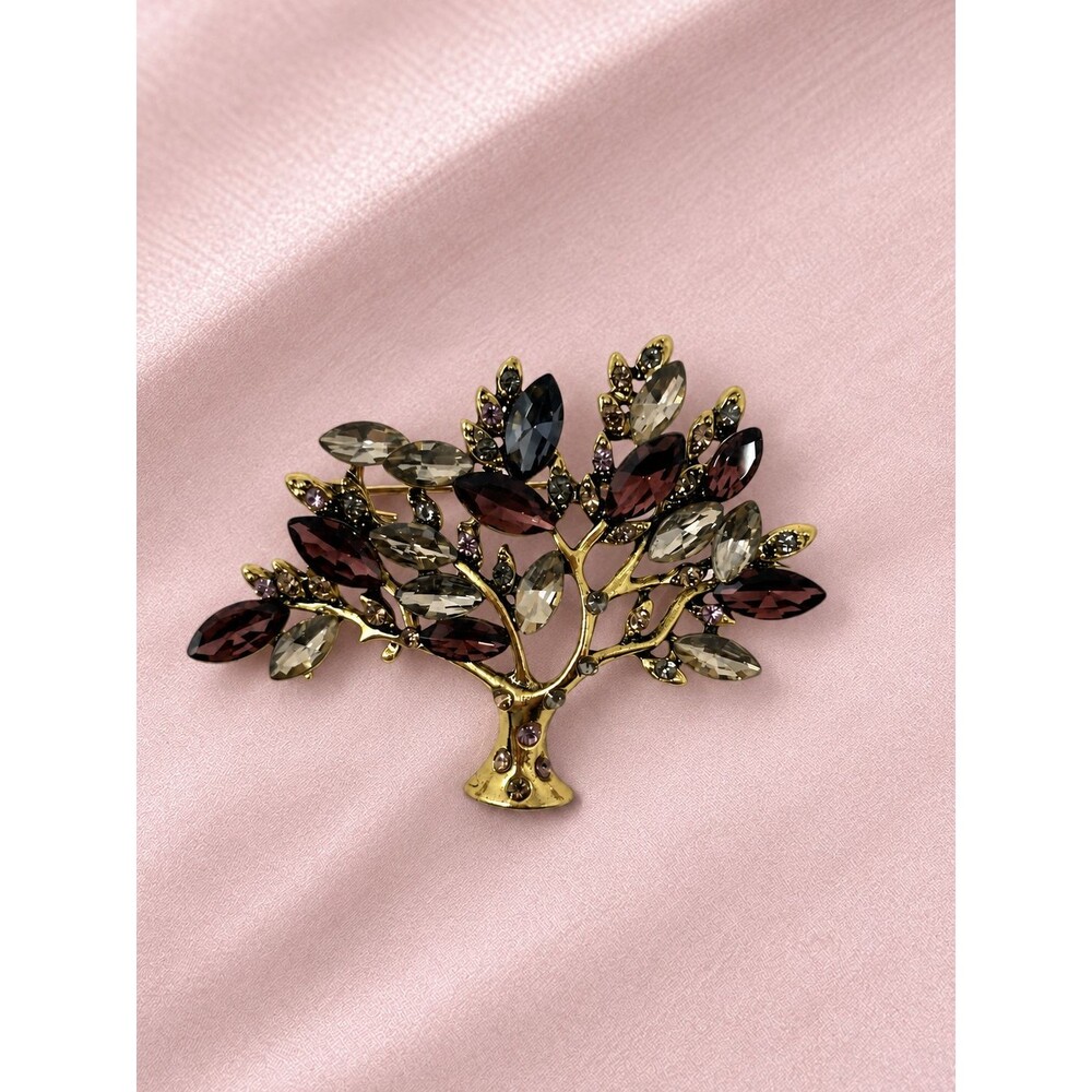 Gold Tone Tree Brooch Multicolor Faceted Rhinestone Crystal Statement Pin